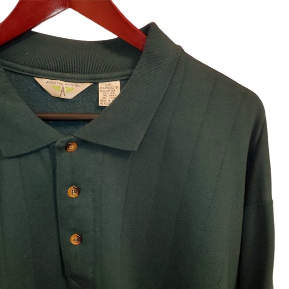 VTG 90s L/S Fleece Polo Sweatshirt Collared Pullover XXL Forest Green - Picture 2 of 4